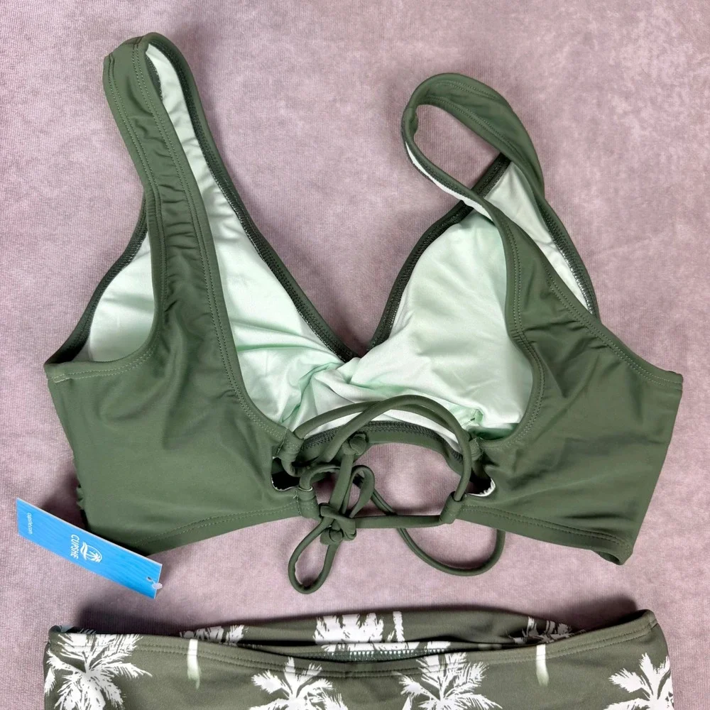 Cupshe Olive Green Palm Tree Print High Waisted Bikini Set Twist Front Lace Up M